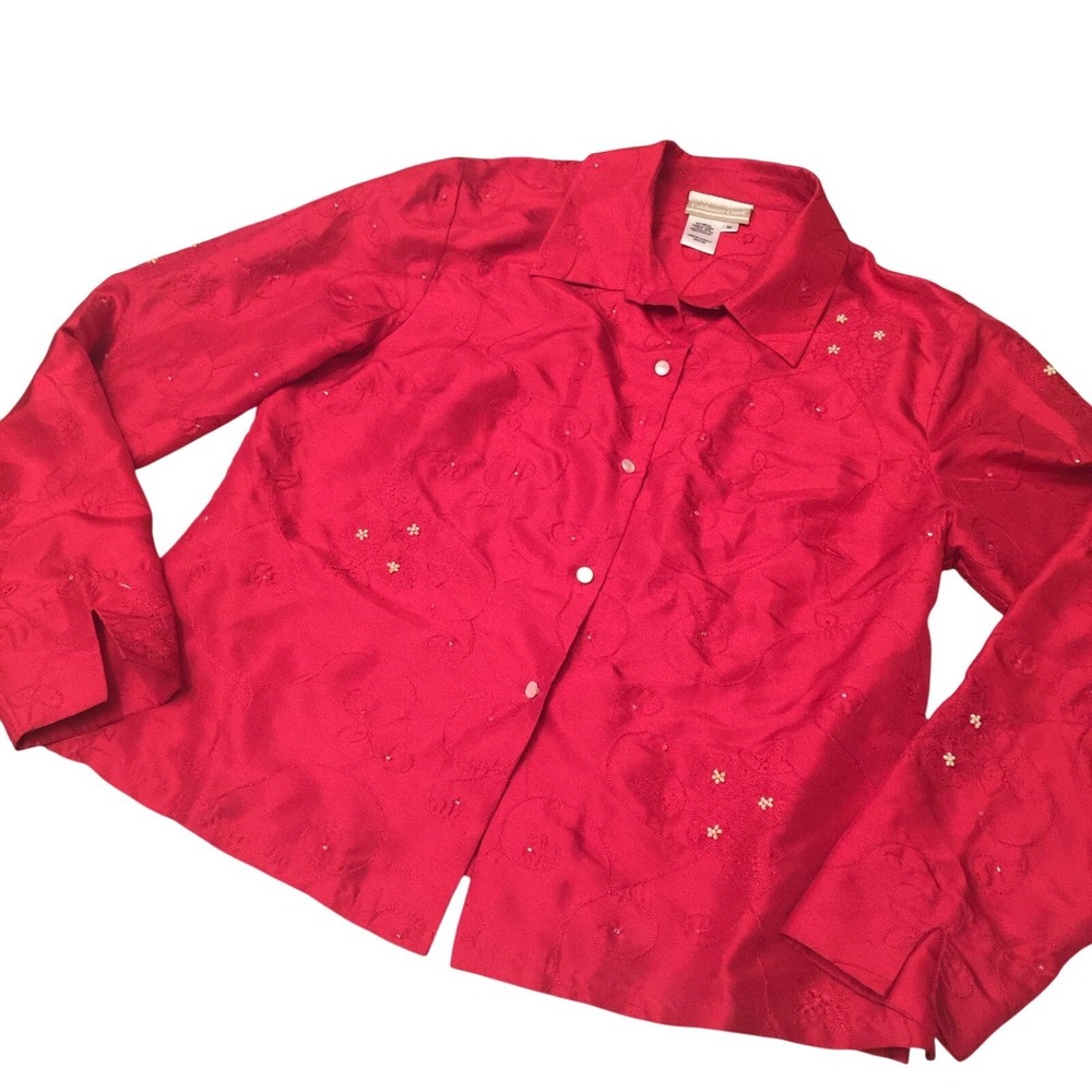 Coldwater Creek Red 100% Silk Embroidered Beaded Button Down Blouse Women Medium